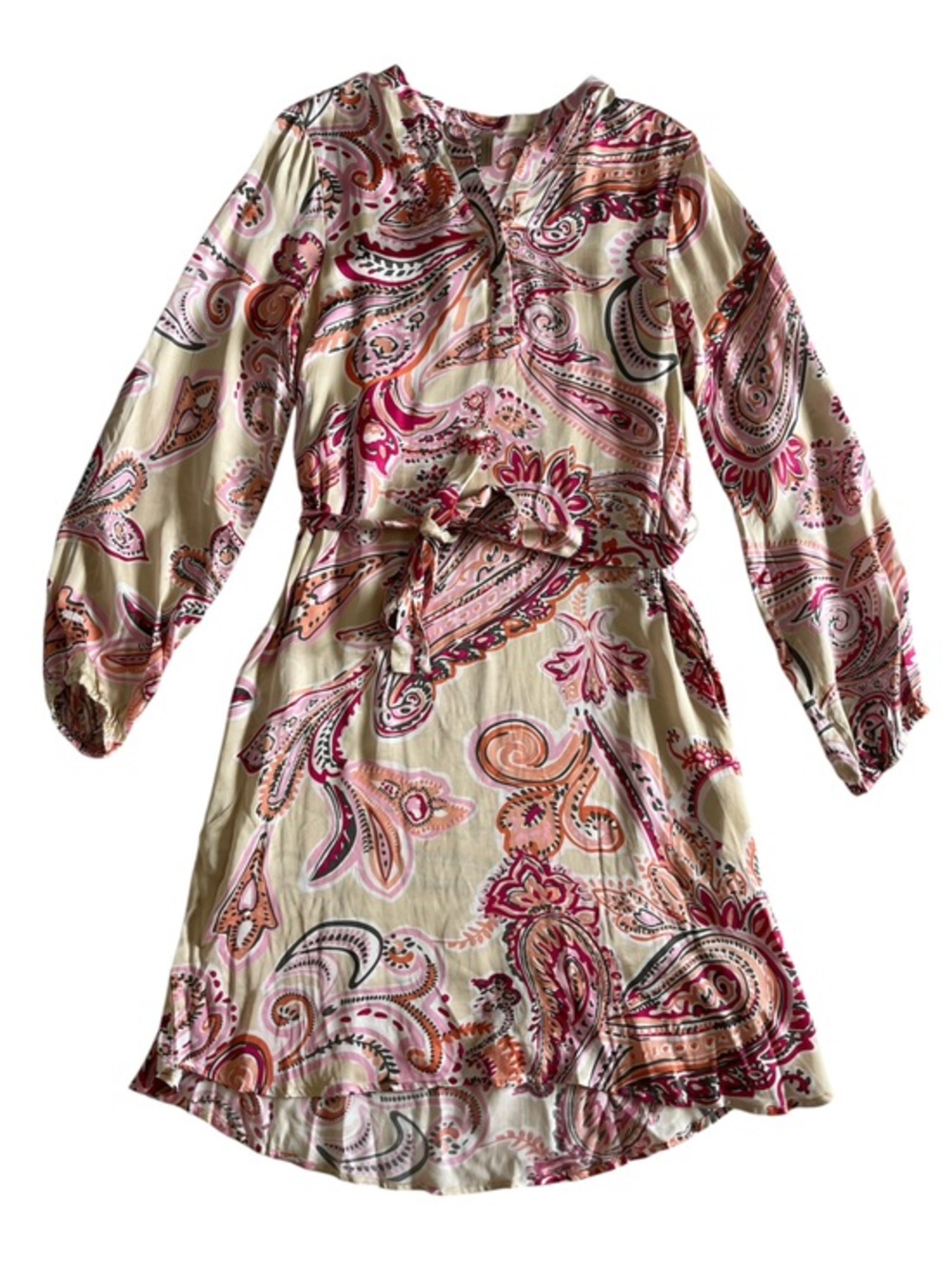 Paisley Tie-Waist silky Long Sleeve Dress in Cream and Pink